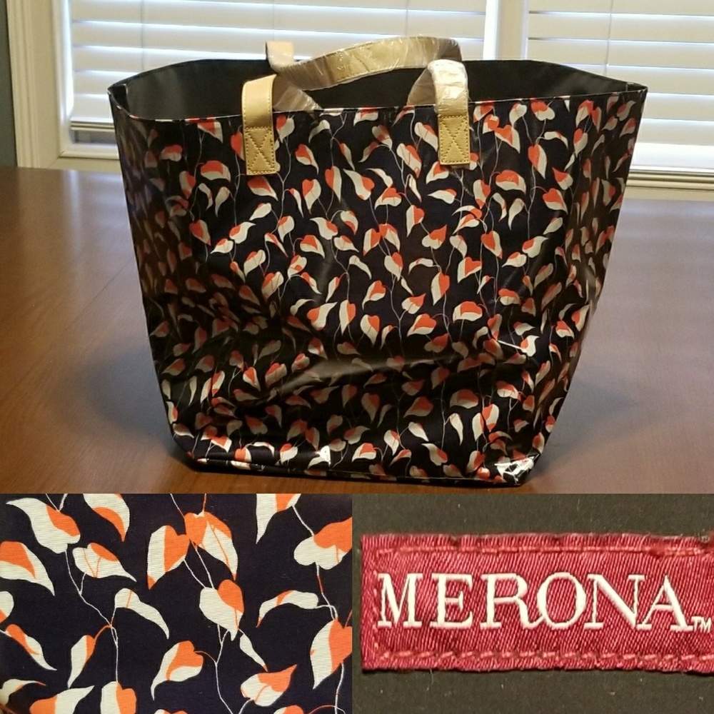 Merona large vinyl tote blue floral &white, orange